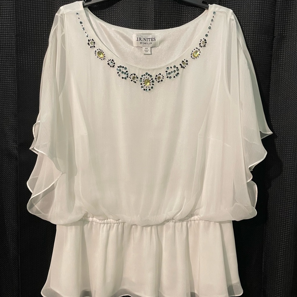 White Flutter Sleeve Blouse with Silver Embellishments